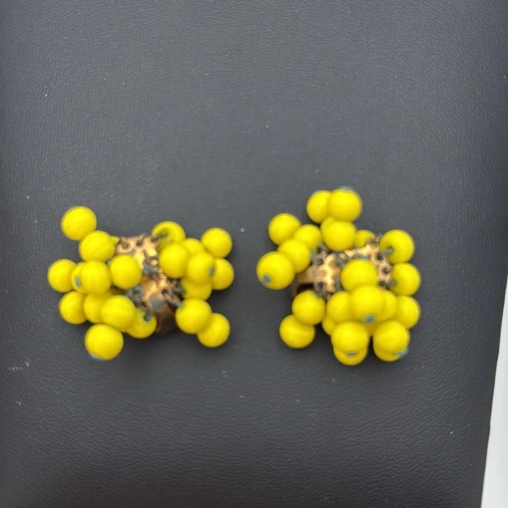 Vintage bright cheery yellow cha cha beaded clip on statement bold fun earrings